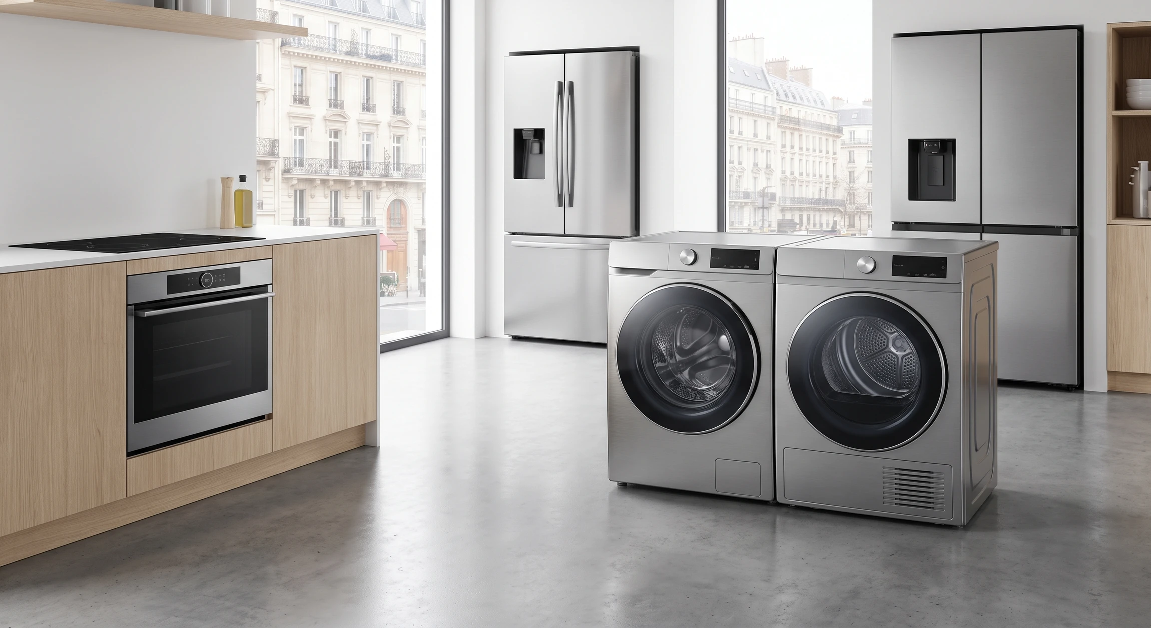 Magasin d'électroménager moderne avec îlot central présentant lave-linge et sèche-linge blancs