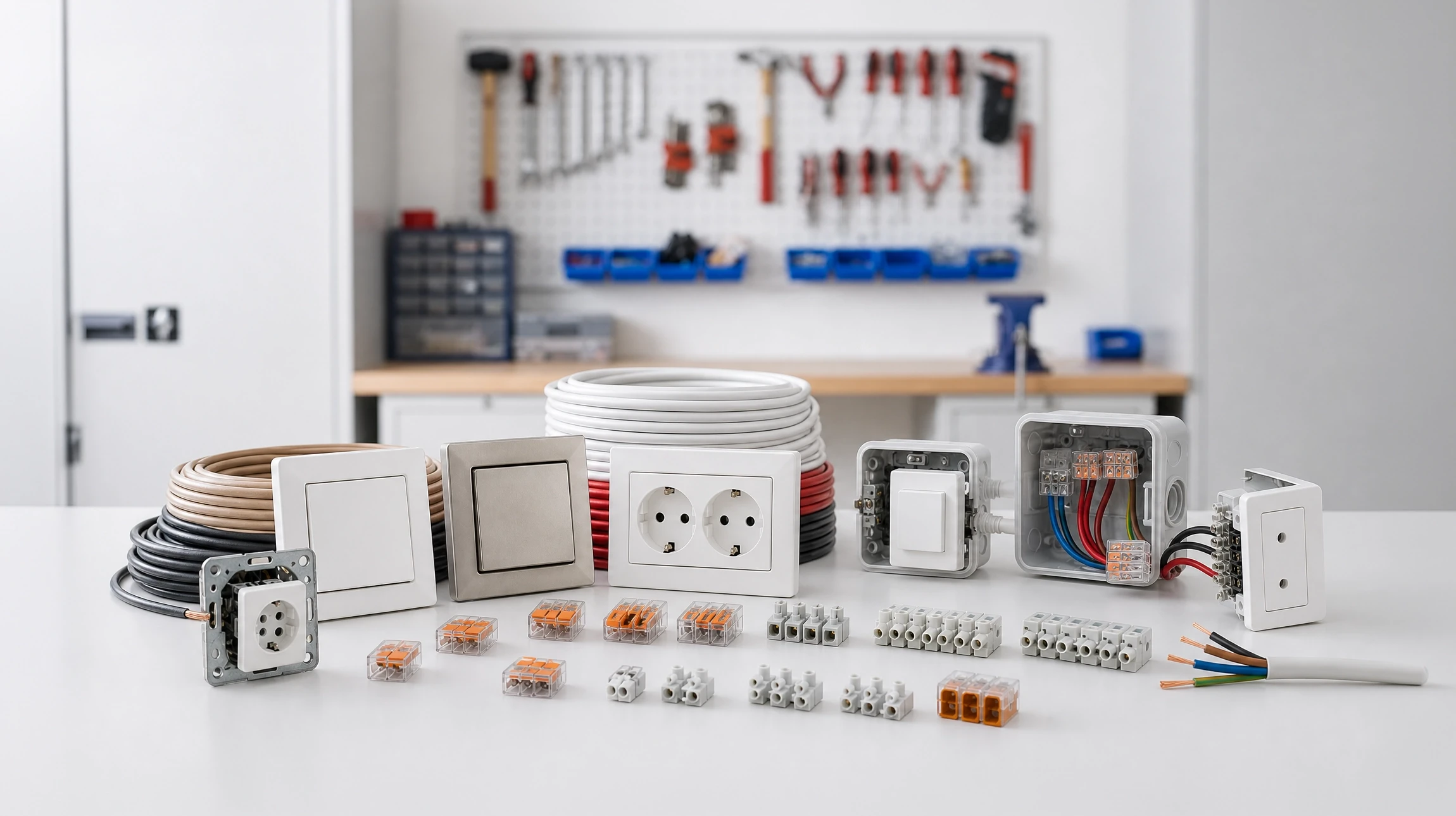 Intérieur atelier, mains d'artisan travaillant sur prise électrique murale blanche avec tournevis isolé
