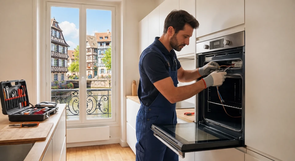 Artisan électricien en uniforme professionnel travaillant dans une cuisine résidentielle, installant ou vérifiant un circuit électrique ou un électroménager encastré. La scène montre l'artisan en train de réaliser une intervention chez un client, illustrant le professionnalisme et la prise en charge complète du projet d'installation.